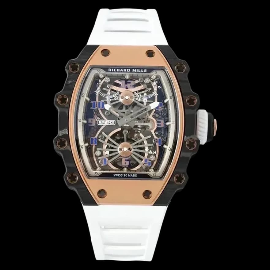 Front view of the Richard Mille RM 21-01 replica showcasing the skeletonized dial and carbon case.