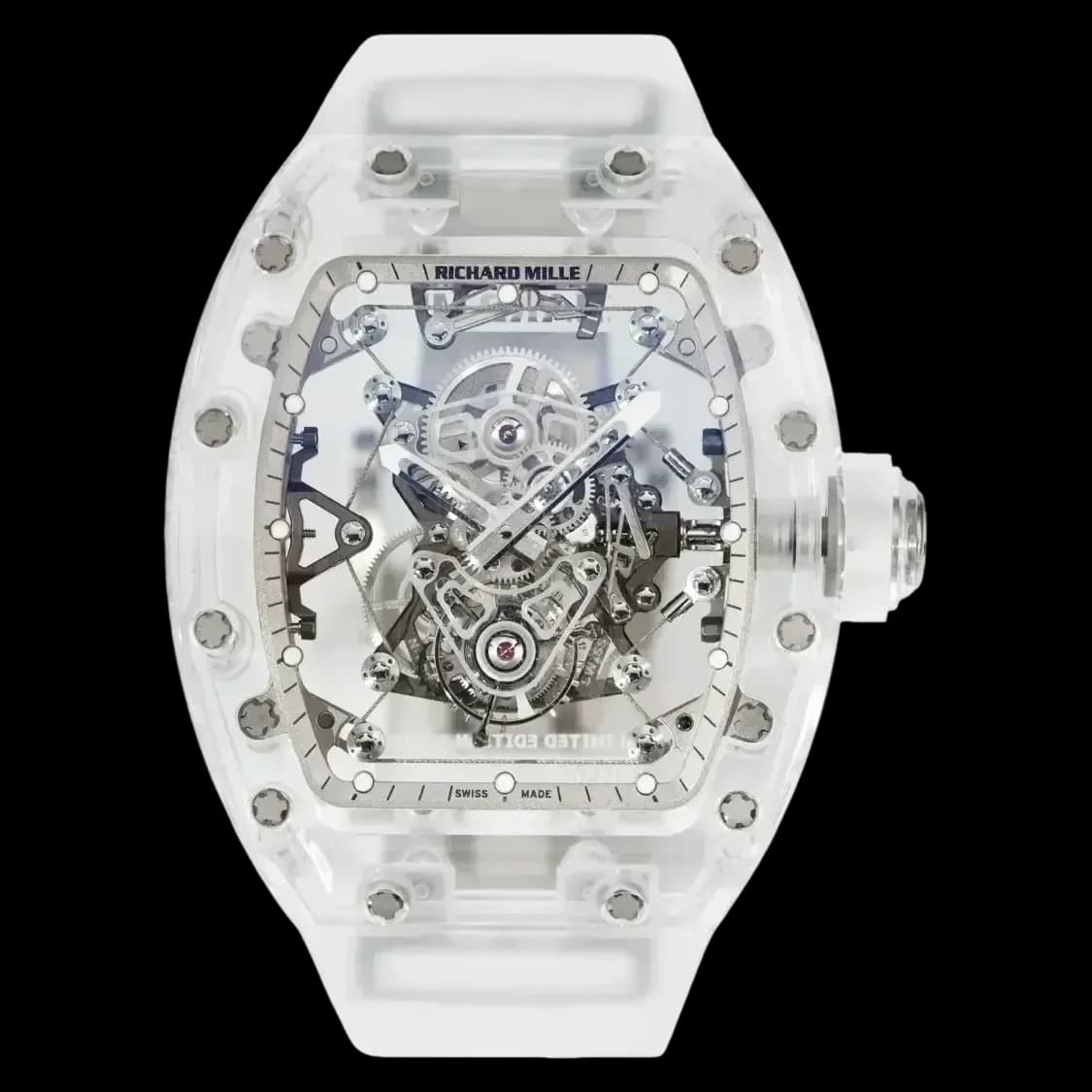 Front view of the super clone Richard Mille RM 56-02 tourbillon showing the transparent sapphire case.
