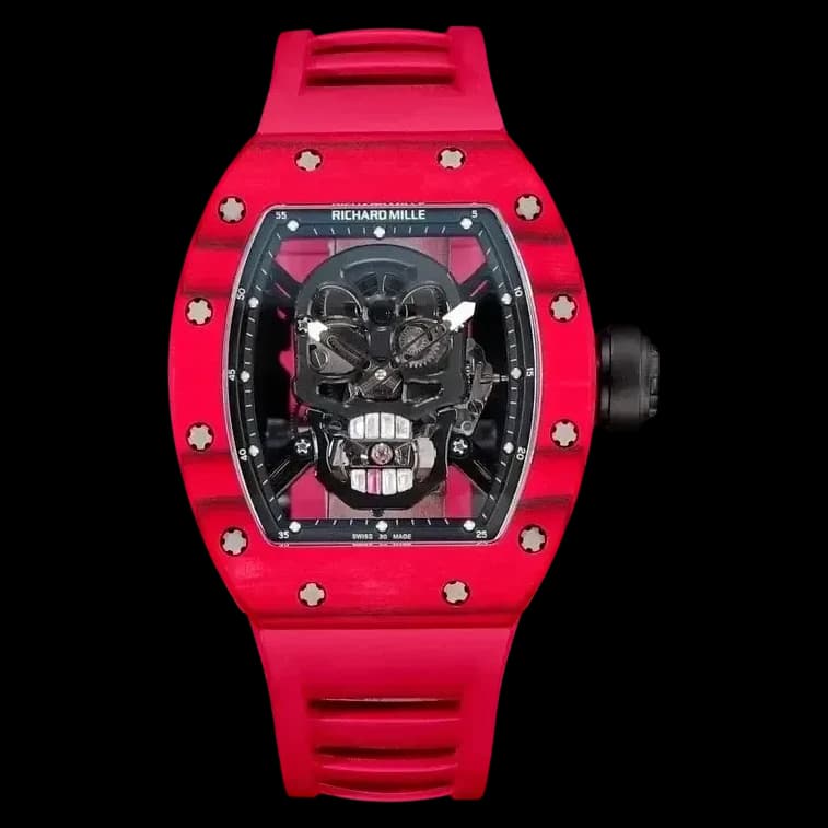 Front view of the best Richard Mille RM52-01 replica showcasing the skull skeleton dial and red rubber strap.