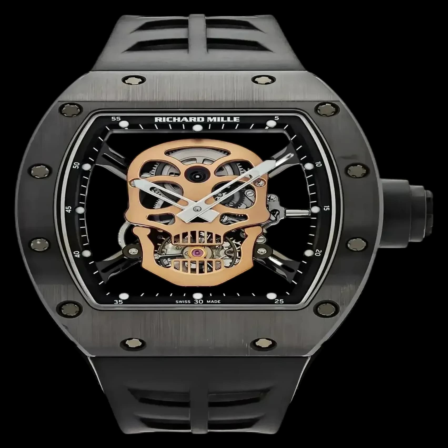 Front view of the Richard Mille replica RM 52-01 skull black ceramic watch showcasing the intricate dial.