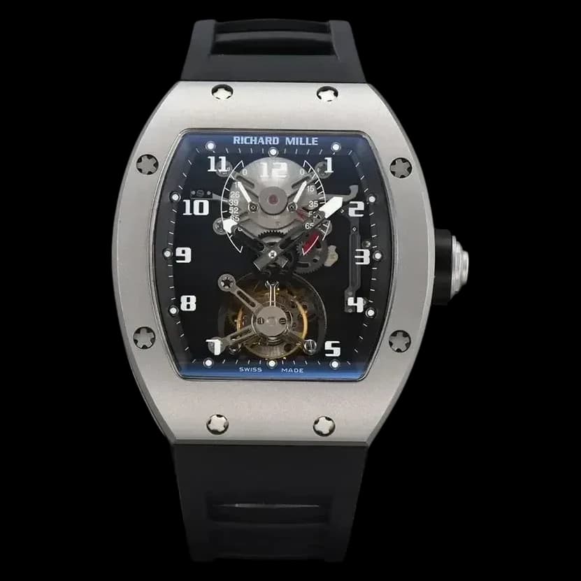 Front view of the Richard Mille RM001 Tourbillon Super Clone showcasing the intricate titanium skeleton dial design.