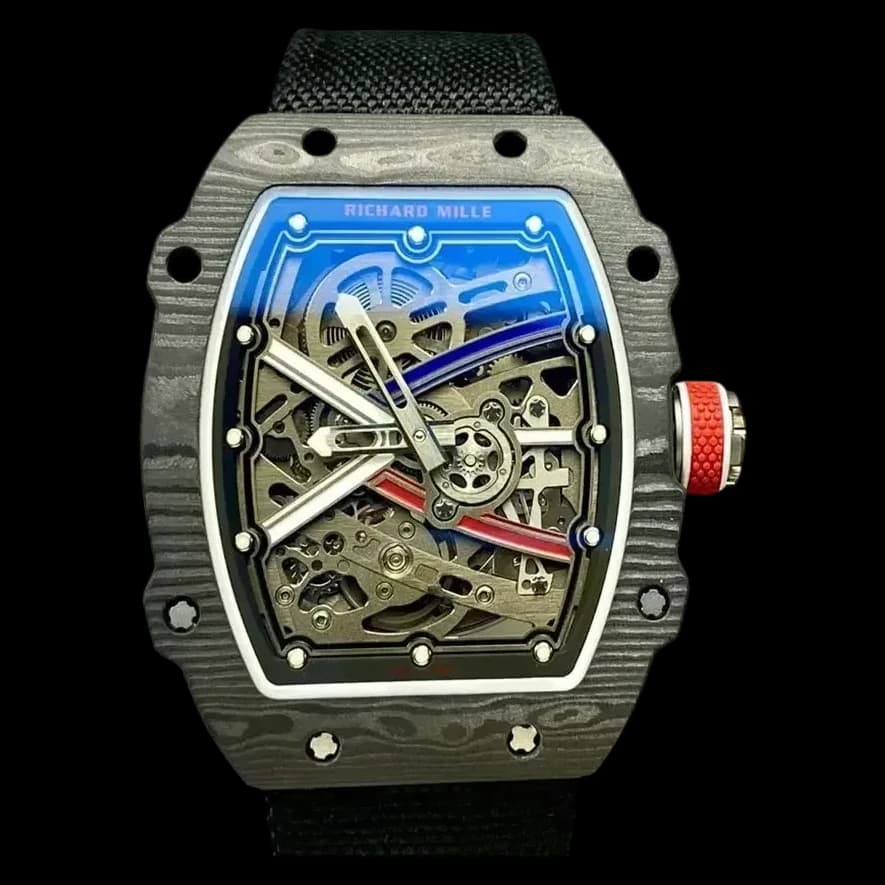 Front view of the Richard Mille RM 67-02 V4 47mm replica watch showcasing its sleek carbon case.