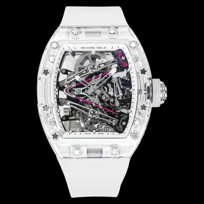 Front view of the Richard Mille RM 38-02 Bubba Watson pink skeleton transparent super clone replica watch.