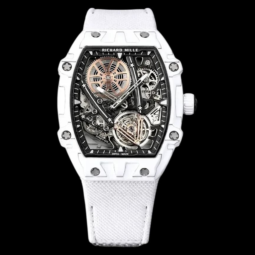 Front view of the Richard Mille RM 27-05 Rafael Nadal super clone showcasing the skeleton dial and tourbillon.