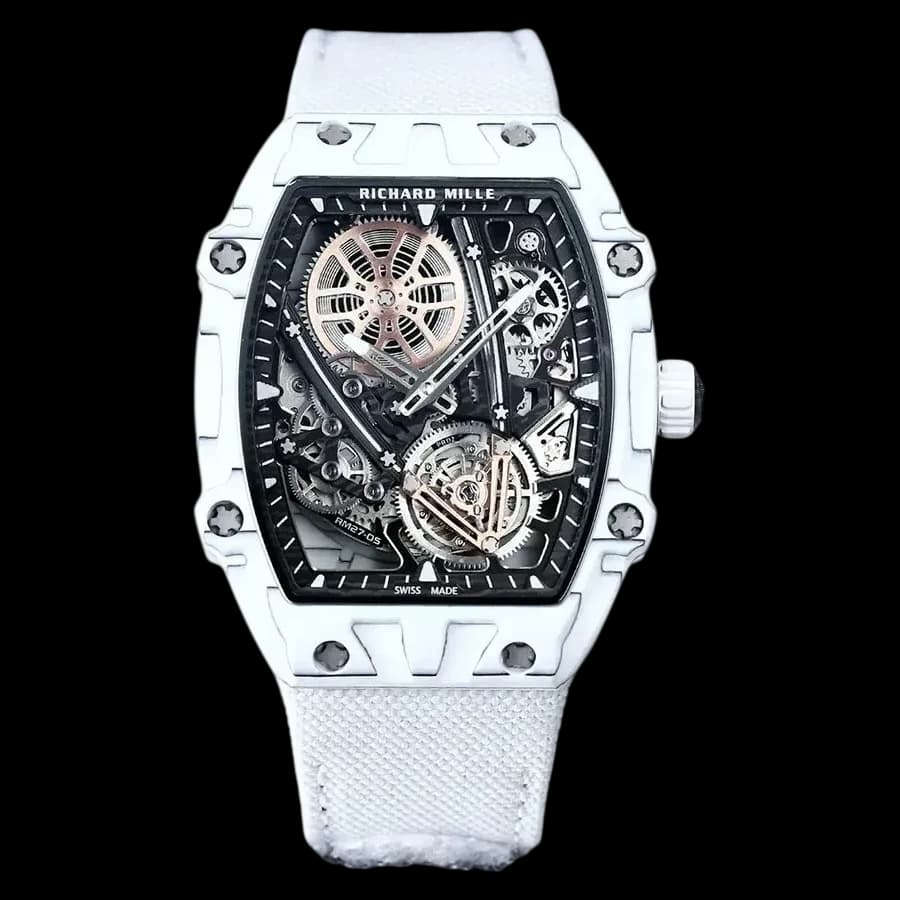 Front view of the ultra lightweight Richard Mille RM 27-05 Rafael Nadal super clone replica watch.