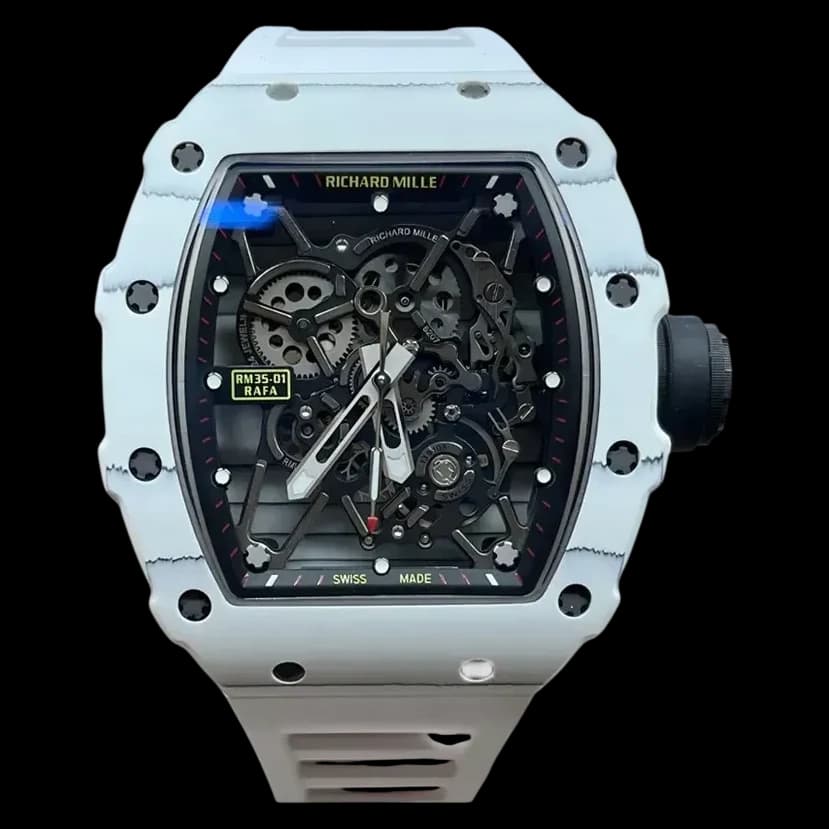 Front view of the best replica Richard Mille RM 35-01 white carbon skeleton dial watch.