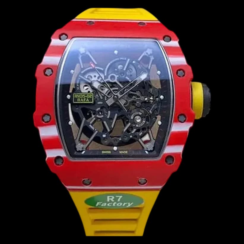 Front view of Richard Mille RM35-02 replica featuring a red carbon case and yellow rubber strap.
