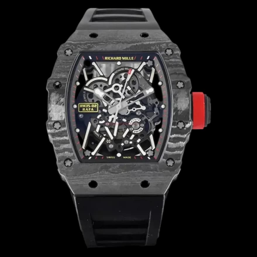 Front view of the Best Richard Mille RM35-02 carbon fiber skeleton dial Swiss replica watch on a black background.