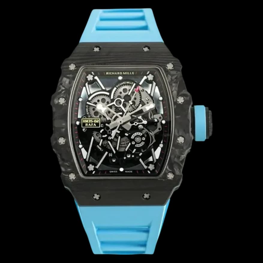 Front view of the replica Richard Mille RM 35-02 with blue rubber strap and NTPT carbon case.