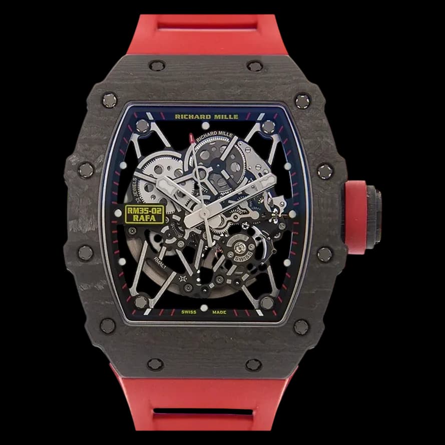 Detailed view of the vibrant red rubber strap and secure clasp mechanism on this Richard Mille watch replica.