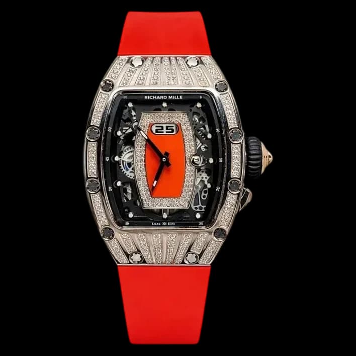 Front view of Richard Mille RM 037 replica featuring a diamond-set case and red rubber strap.