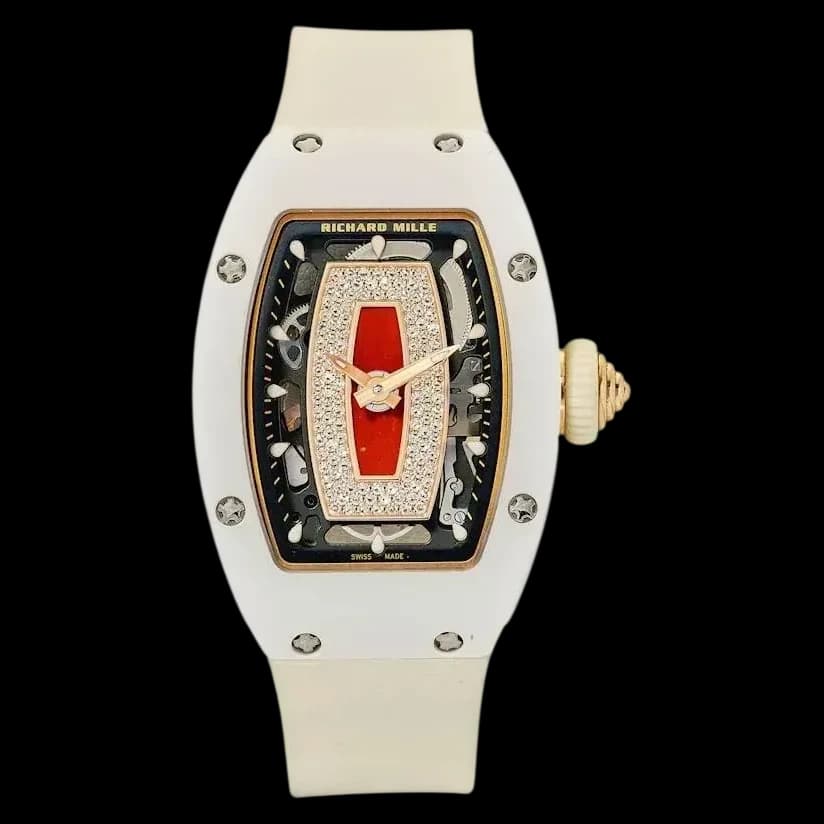 Front view of replica Richard Mille RM 07-01 white ceramic watch with red lips diamond dial.