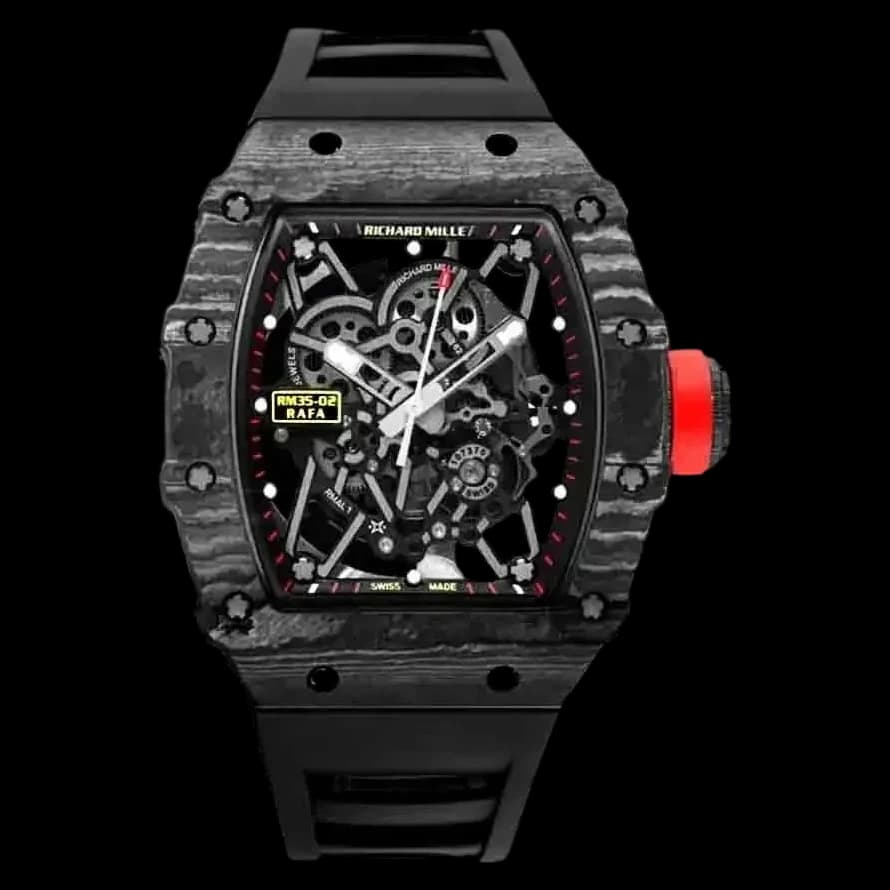 Front view of the Richard Mille 35-02 Rafael Nadal black NTPT carbon replica watch showcasing the intricate skeleton dial.