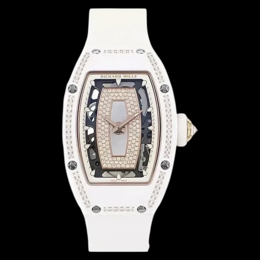 Front view of Richard Mille RM 07-01 replica white ceramic and rose gold watch with diamond dial.