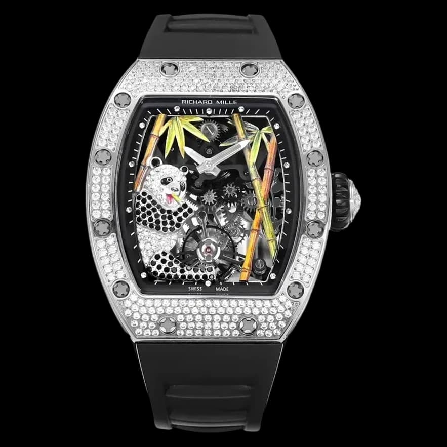 Front view of the Richard Mille RM 26-01 Panda Diamond replica watch for women showcasing the skeleton dial.