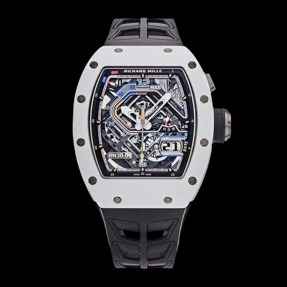 Richard Mille RM 30-01 automatic winding chronograph luxury watch with skeleton dial and white case