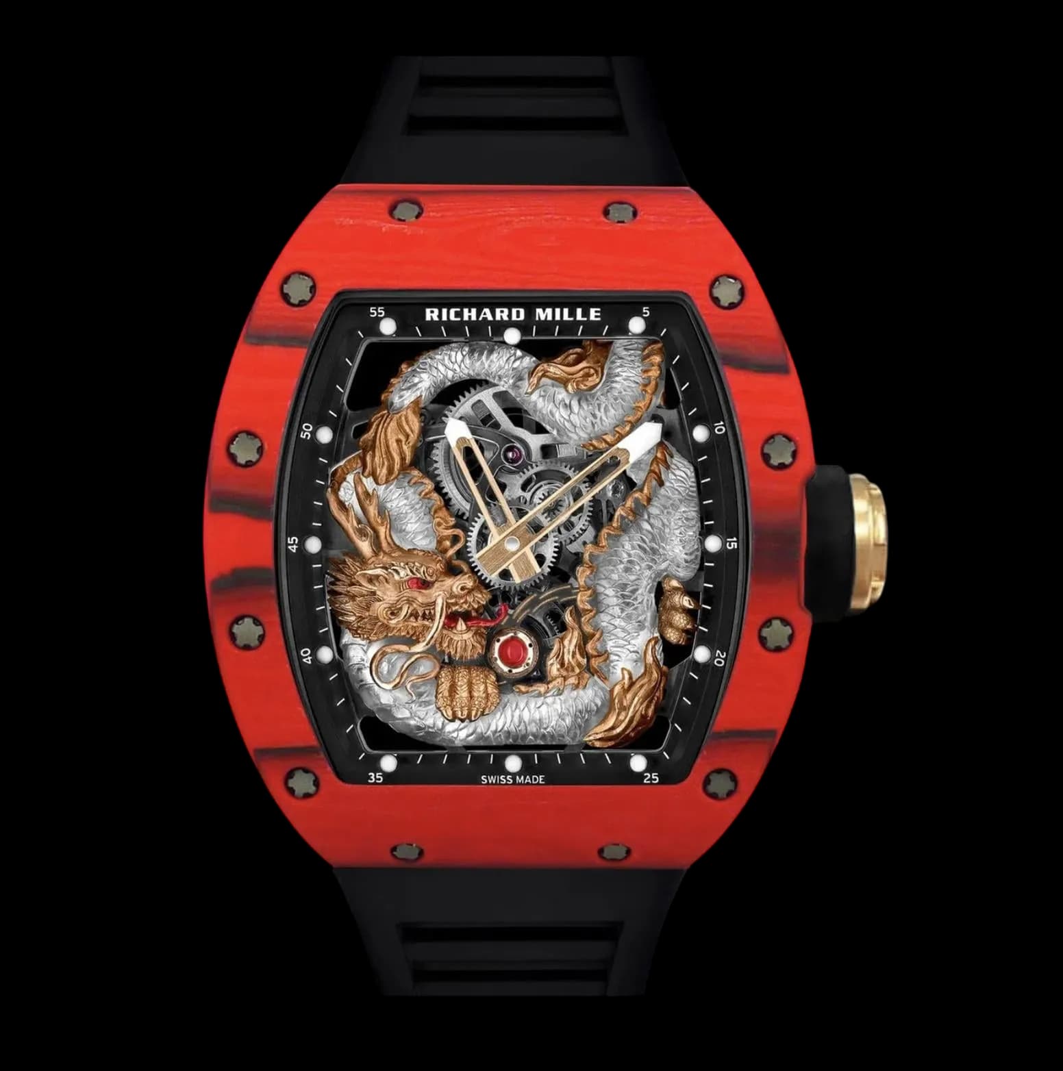 Richard Mille RM 57-03 Dragon tourbillon luxury watch with red quartz case and skeleton movement